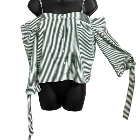 Le Lis Green and White Striped Off Shoulder Top with Tie Straps at Wrists Medium - Picture 1 of 12
